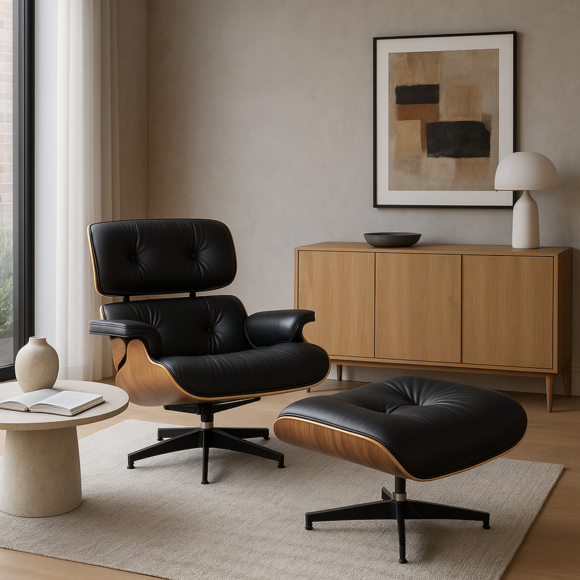 Eames Chair & Stool Black Leather Walnut Plywood Premium Reproduction