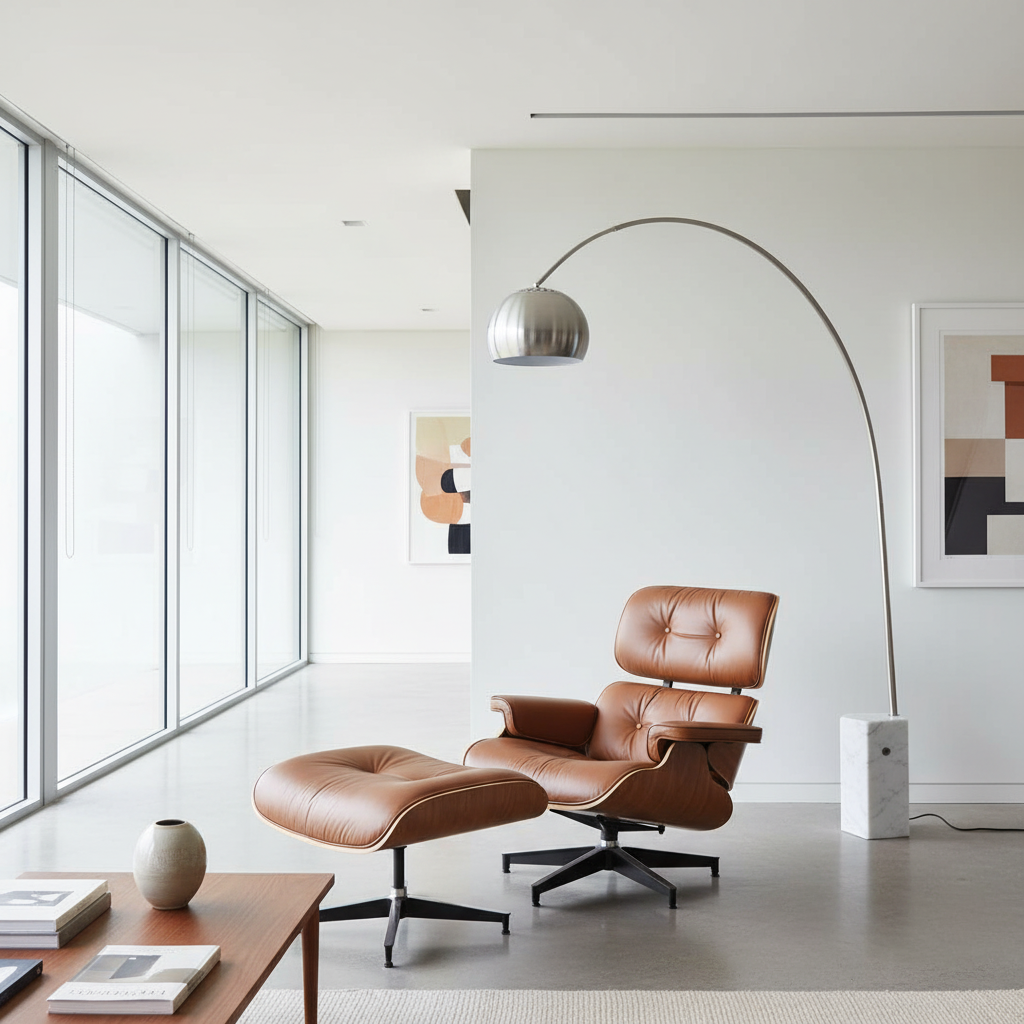 Eames Chair & Stool Brown Leather Walnut Plywood Premium Reproduction