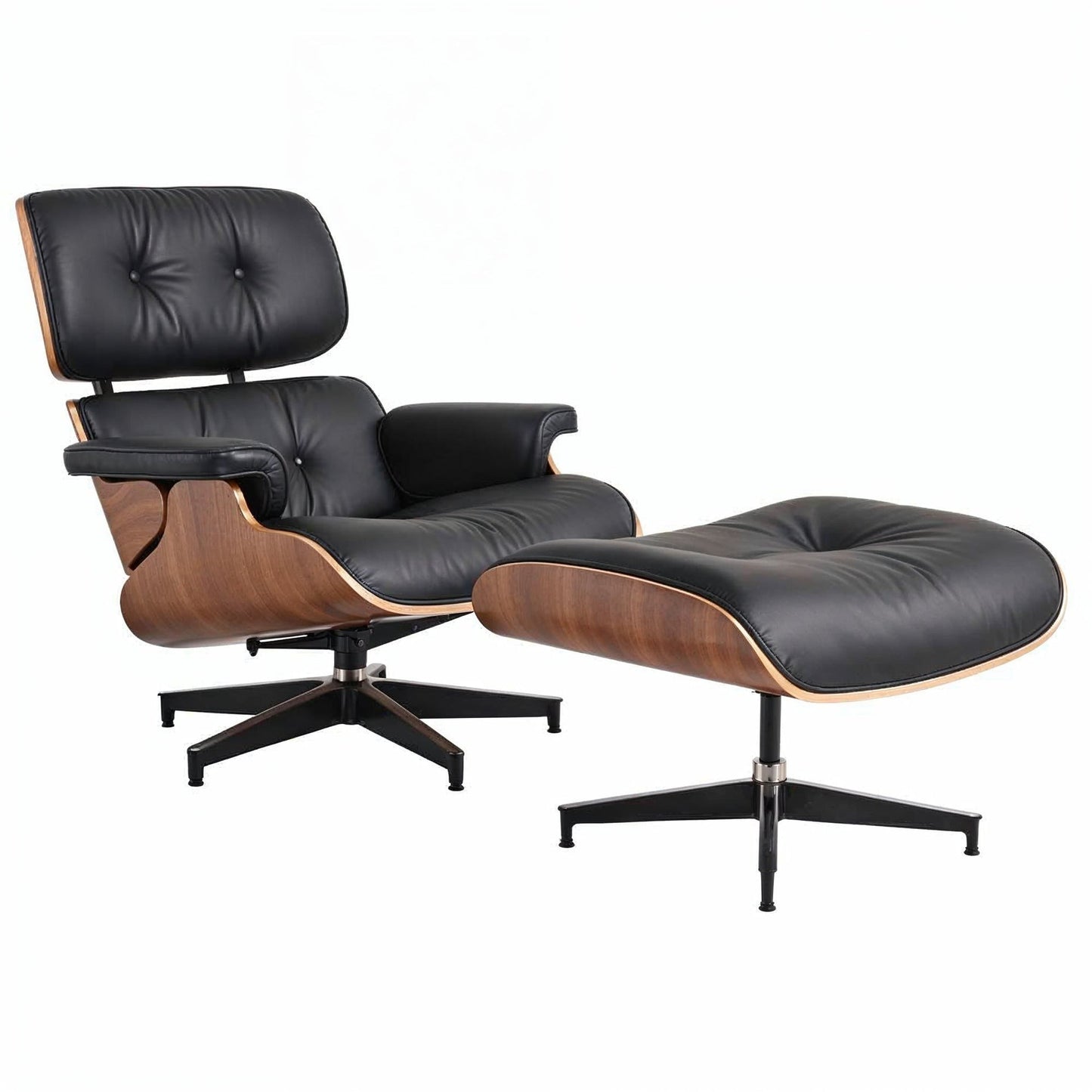 Eames Chair & Stool Black Leather Walnut Plywood Premium Reproduction