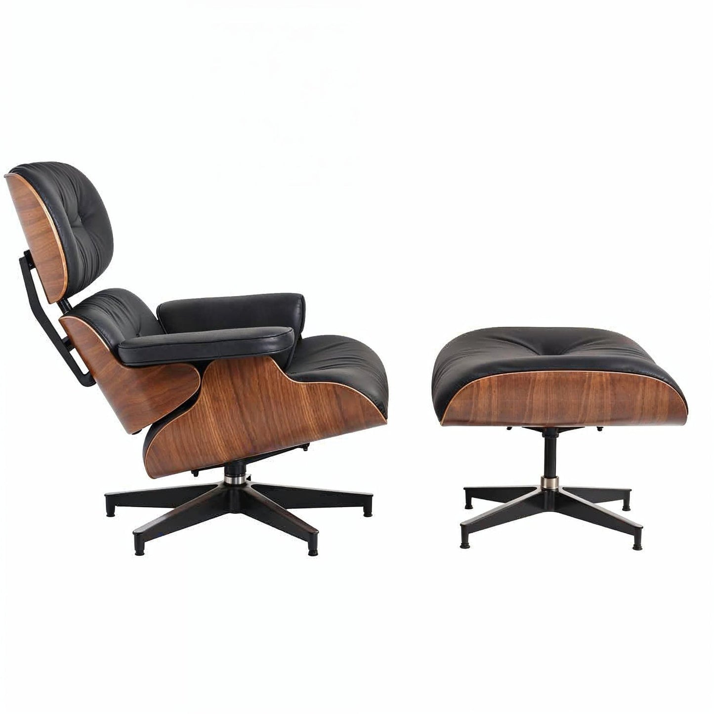 Eames Chair & Stool Black Leather Walnut Plywood Premium Reproduction