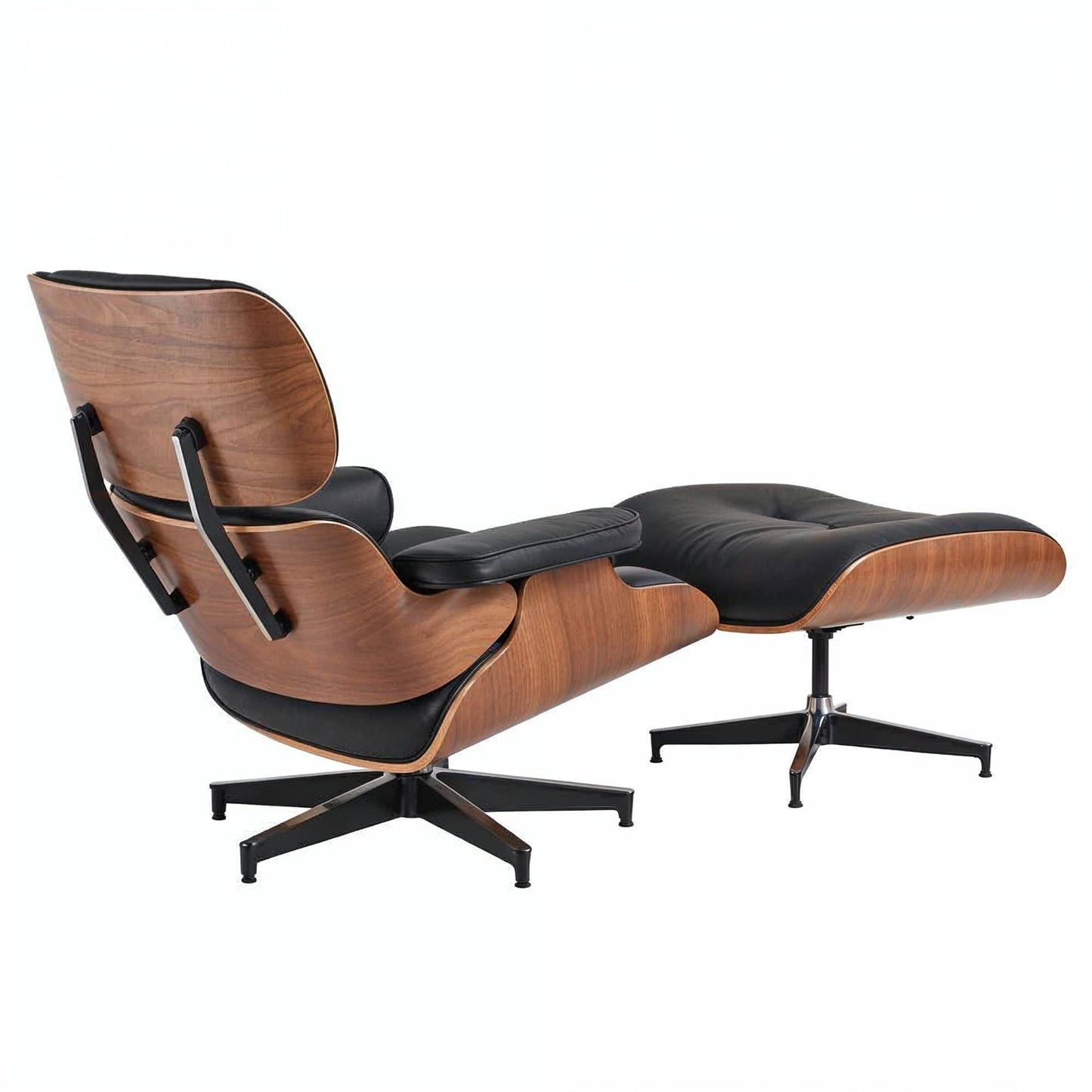 Eames Chair & Stool Black Leather Walnut Plywood Premium Reproduction