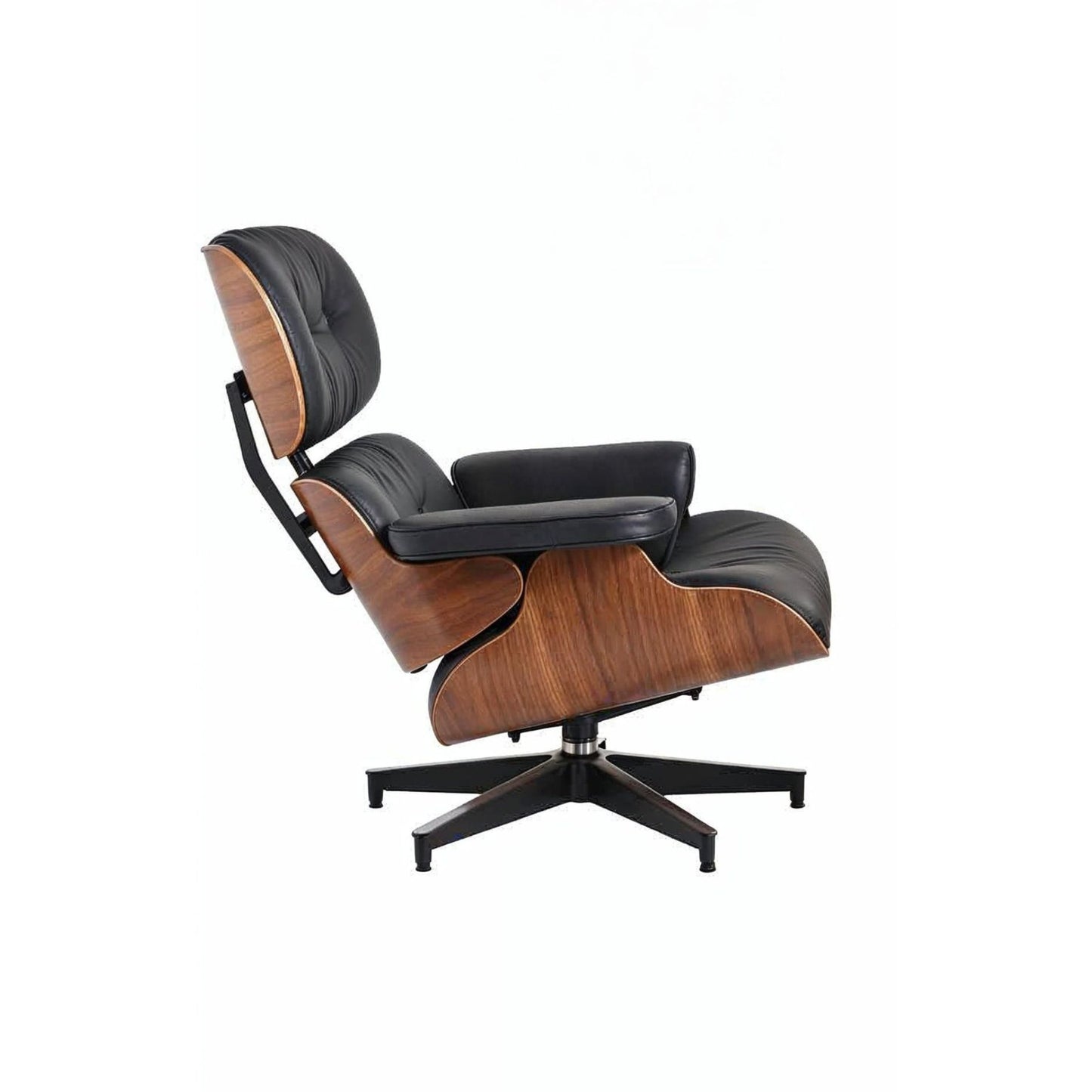 Eames Chair & Stool Black Leather Walnut Plywood Premium Reproduction