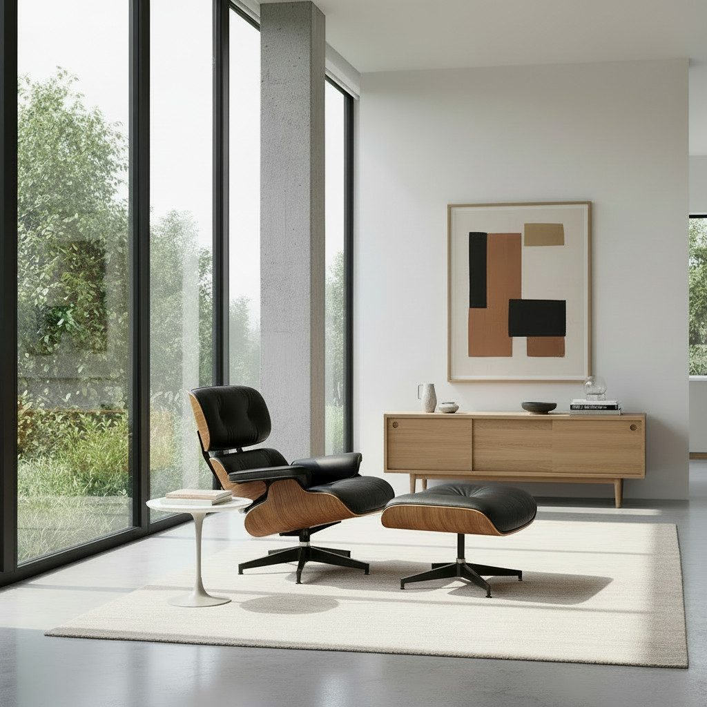 Eames Chair & Stool Black Leather Walnut Plywood Premium Reproduction