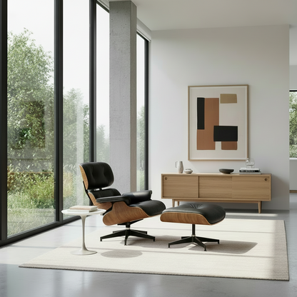 Eames Chair & Stool Black Leather Walnut Plywood Premium Reproduction