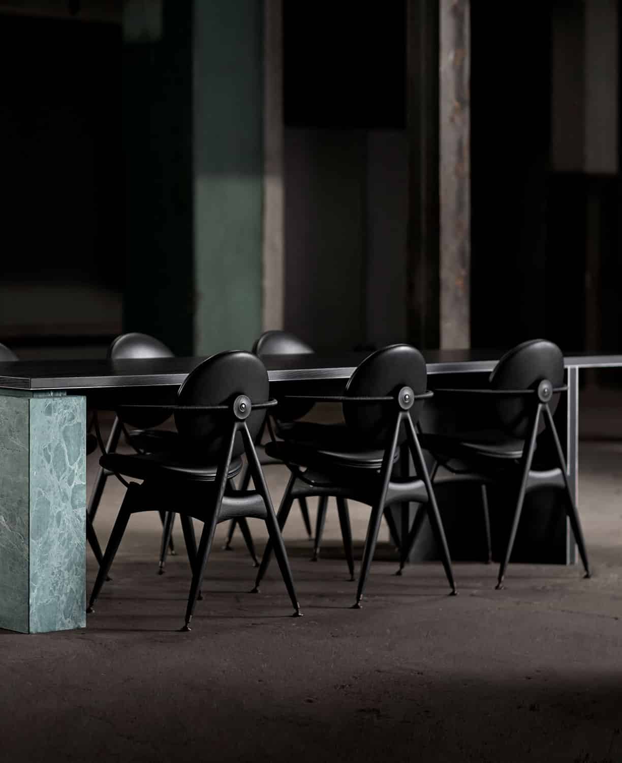 Voltaire Dining Chair with Armrest Black Stained Ash Black Leather Black Hardware