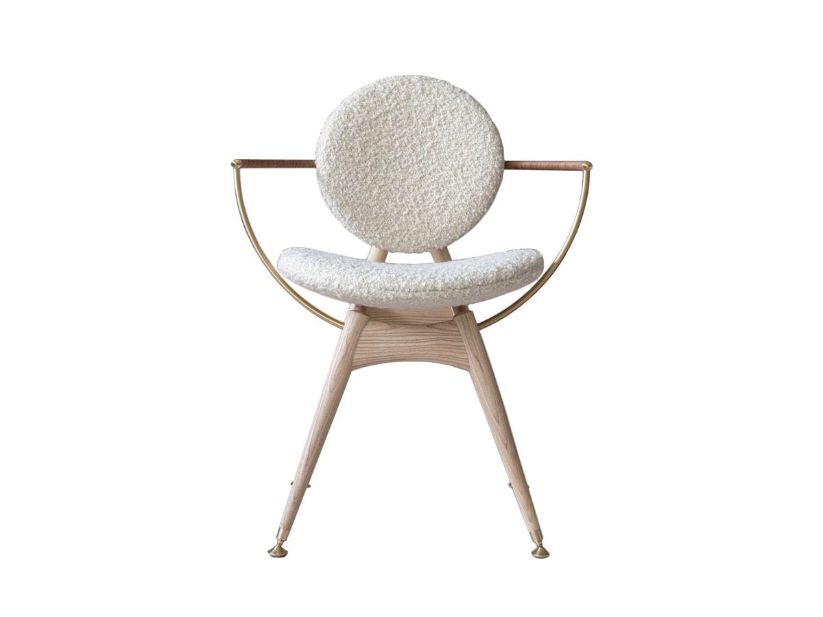 Voltaire Dining Chair with Armrest Oak White Boucle Brass Hardware