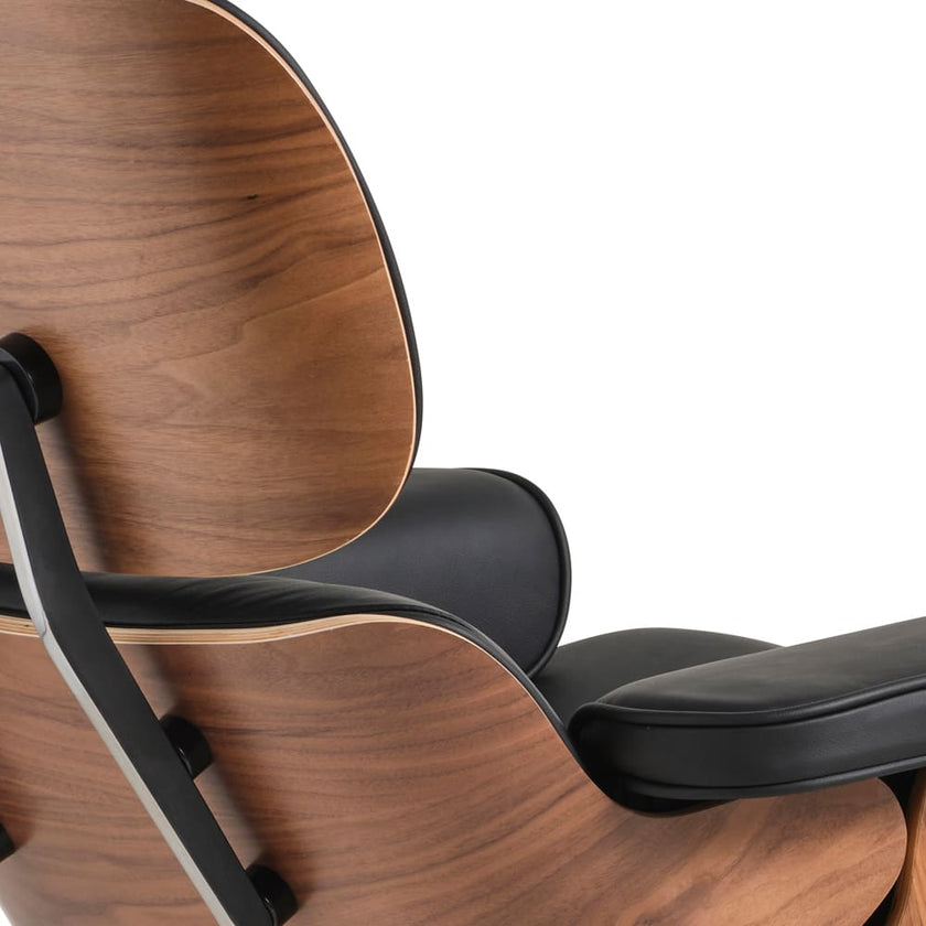 Eames Chair & Stool Black Leather Walnut Plywood Premium Reproduction