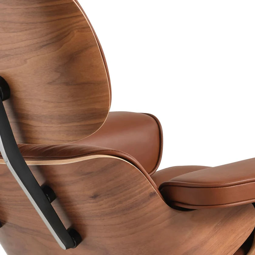 Eames Chair & Stool Brown Leather Walnut Plywood Premium Reproduction