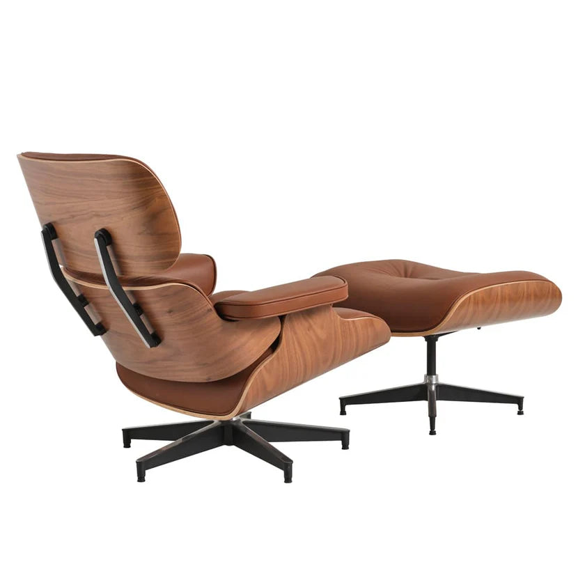 Eames Chair & Stool Brown Leather Walnut Plywood Premium Reproduction