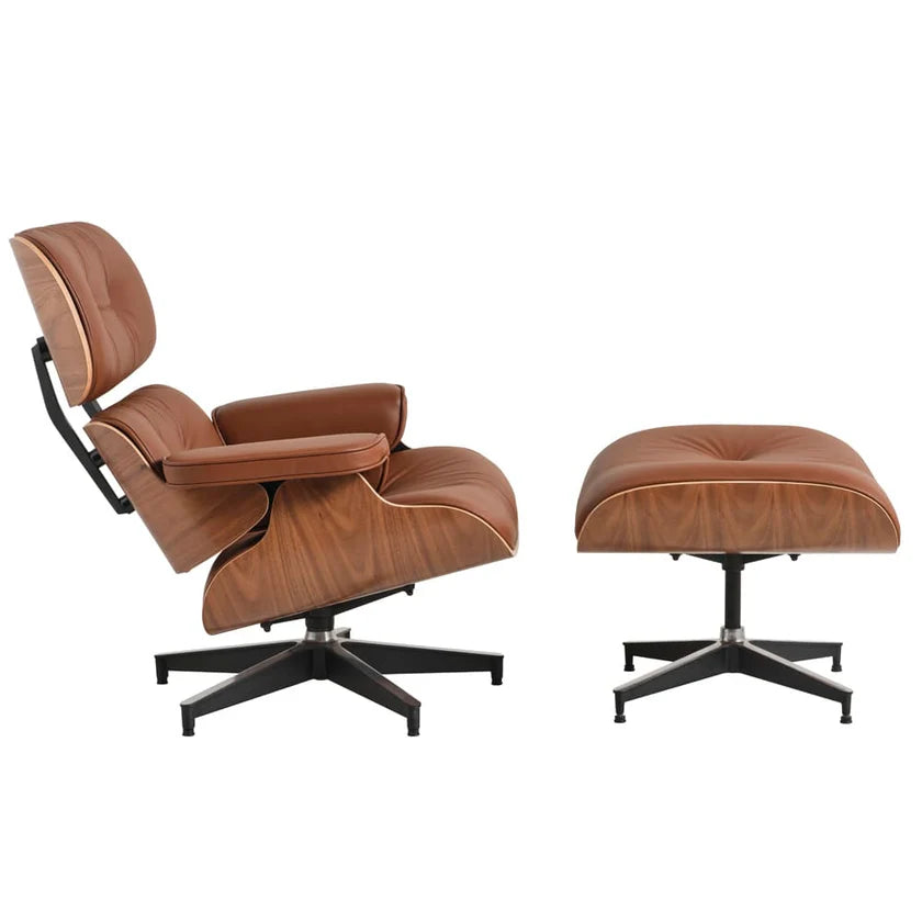 Eames Chair & Stool Brown Leather Walnut Plywood Premium Reproduction