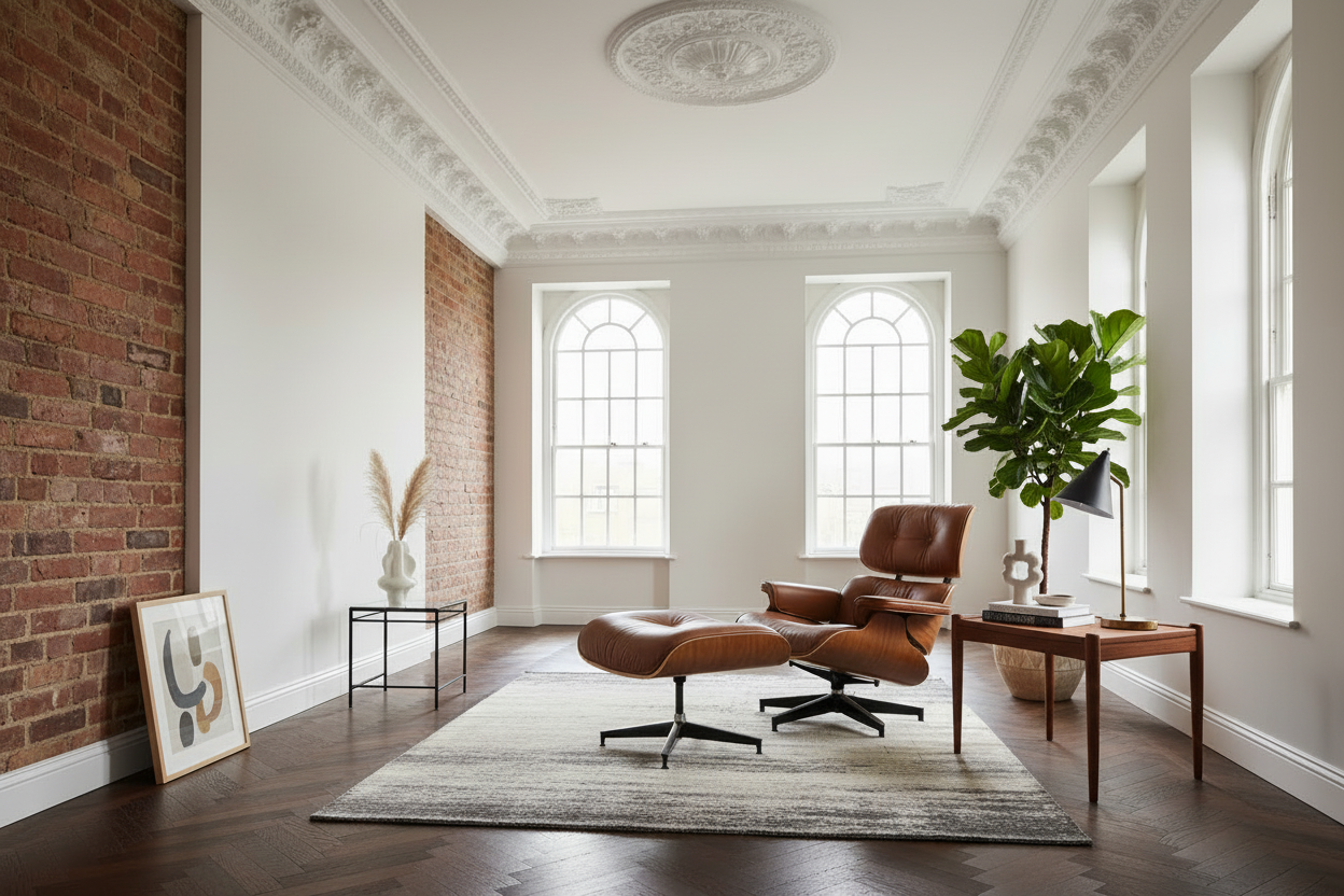 Eames Chair & Stool Brown Leather Walnut Plywood Premium Reproduction