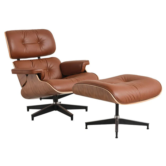 Eames Chair & Stool Brown Leather Walnut Plywood Premium Reproduction