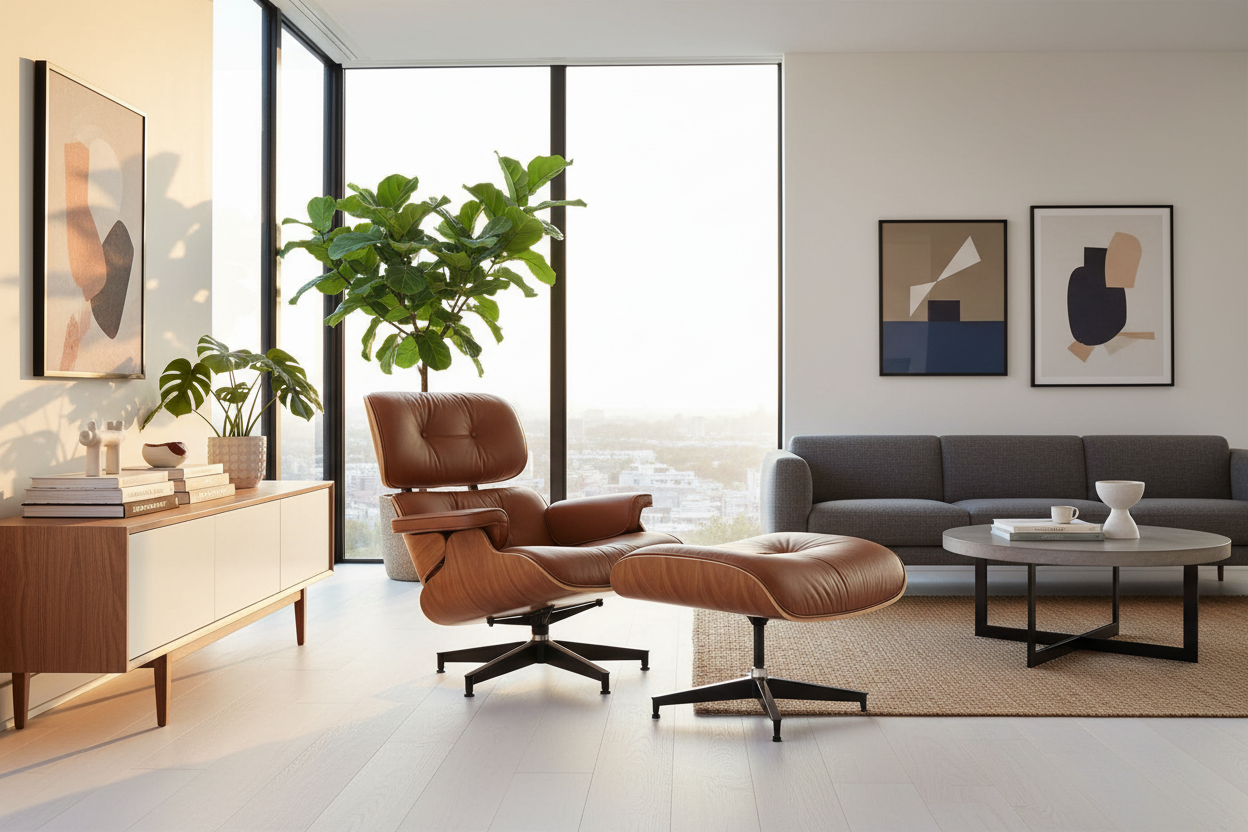 Eames Chair & Stool Brown Leather Walnut Plywood Premium Reproduction