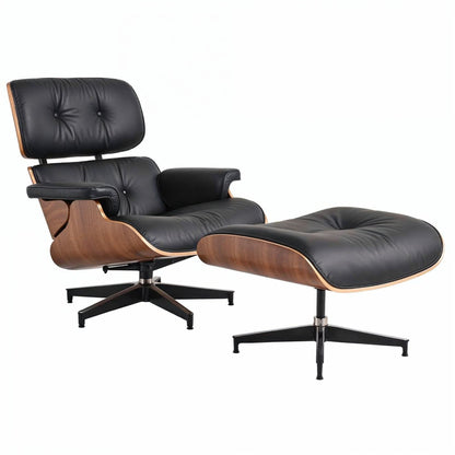 Eames Chair & Stool Black Leather Walnut Plywood Premium Reproduction