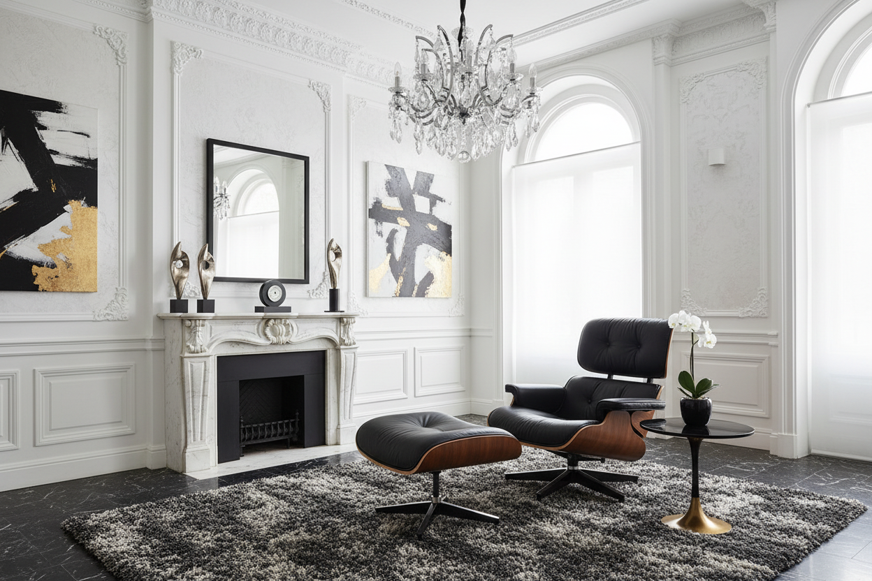 Eames Chair & Stool Black Leather Walnut Plywood Premium Reproduction