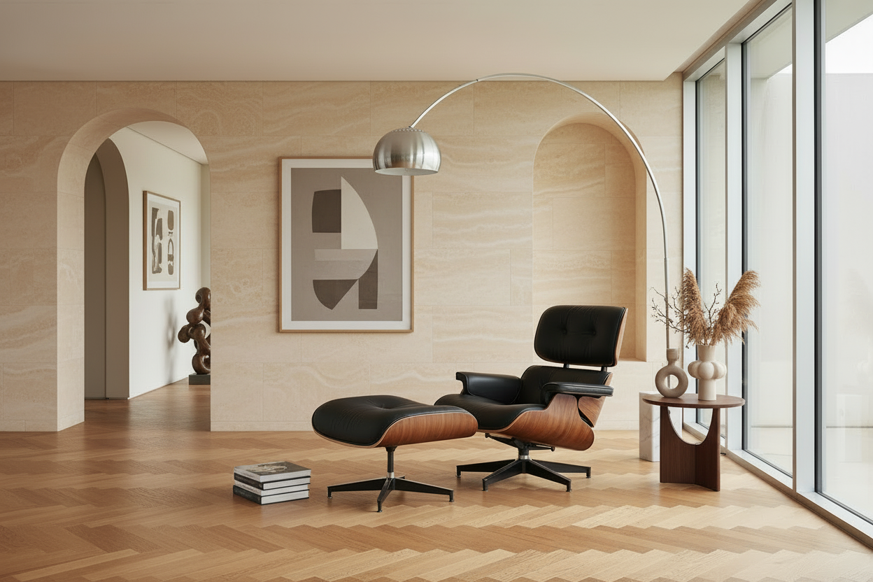Eames Chair & Stool Black Leather Walnut Plywood Premium Reproduction
