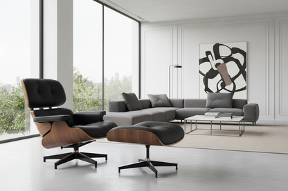 Eames Chair & Stool Black Leather Walnut Plywood Premium Reproduction