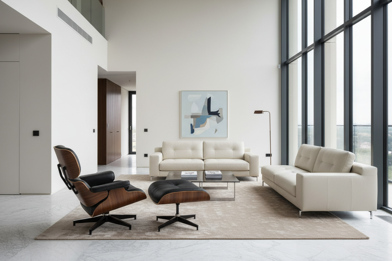 Eames Chair & Stool Black Leather Walnut Plywood Premium Reproduction