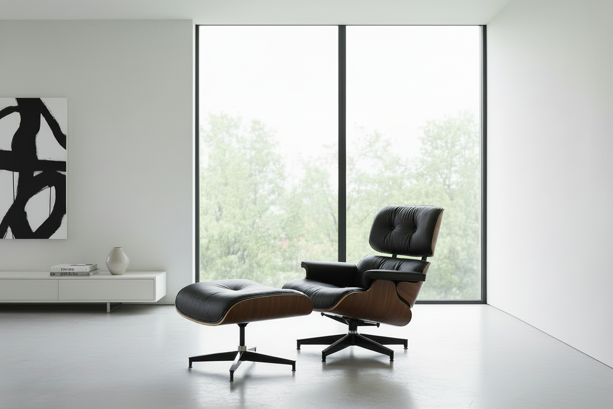 Eames Chair & Stool Black Leather Walnut Plywood Premium Reproduction