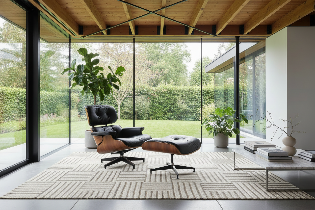 Eames Chair & Stool Black Leather Walnut Plywood Premium Reproduction
