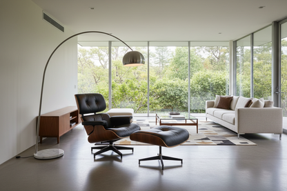 Eames Chair & Stool Black Leather Walnut Plywood Premium Reproduction