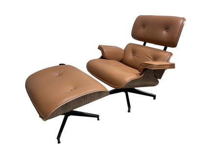 Eames Chair & Stool Brown Leather Walnut Plywood Premium Reproduction